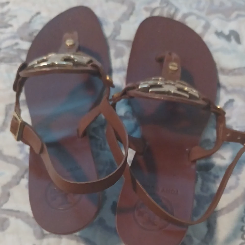 Tory Burch Brown Leather Logo Thong Sandals with Gold Medallions